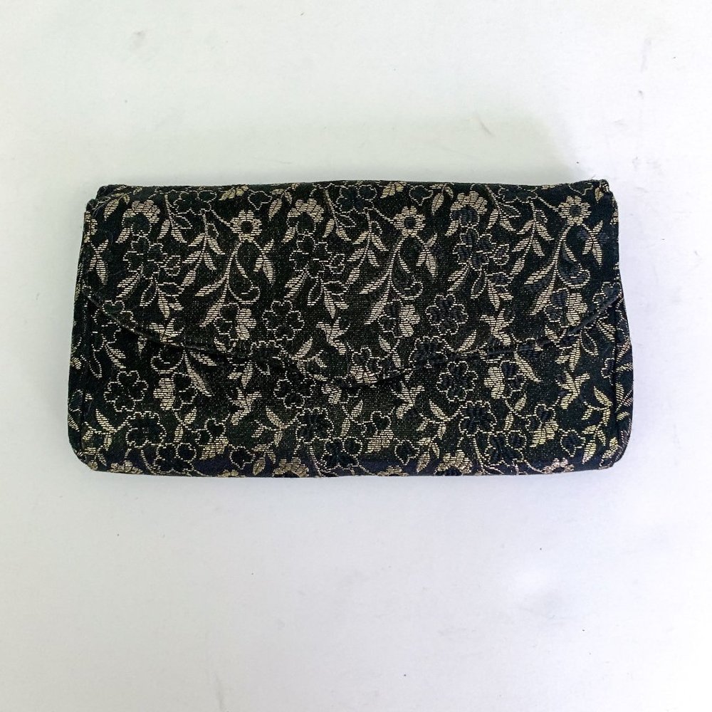 Vintage 80s Leauville black and gold floral brocade clutch with hand strap